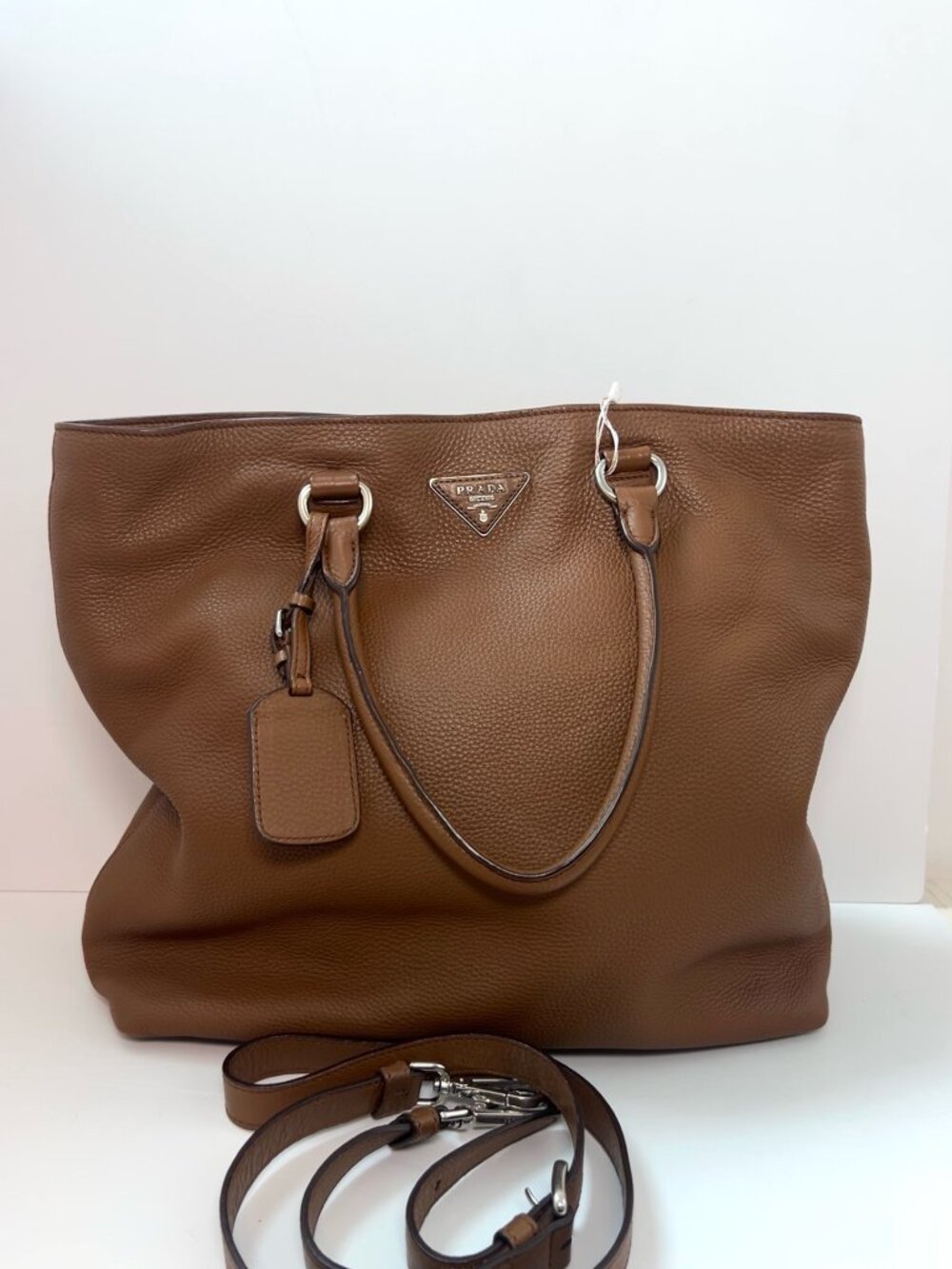 Prada Vitello Phenix Caramel Brown Grained Calfskin Hand & Crossbody Tote Bag